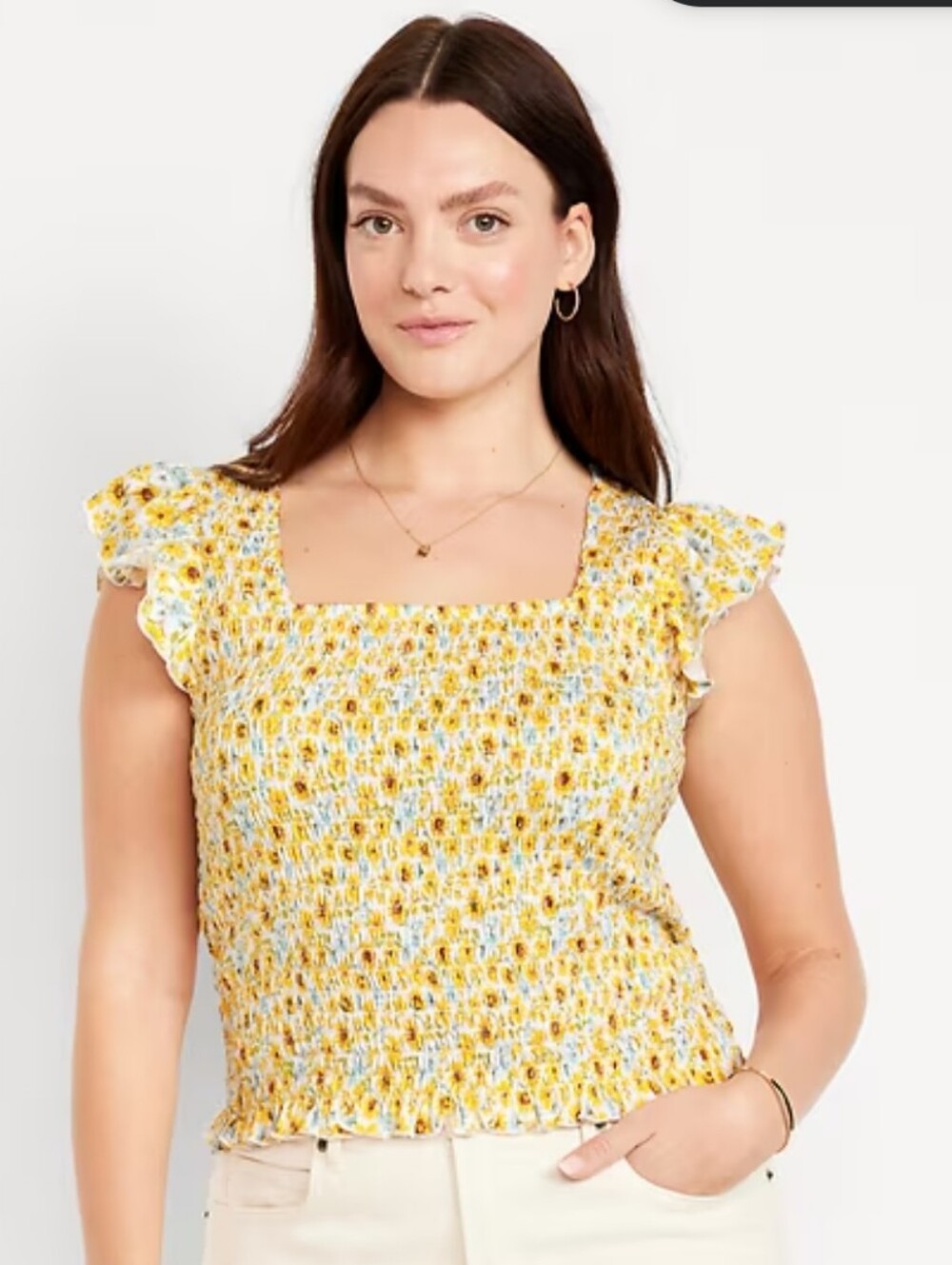 Old Navy Yellow Floral Smocked Cotton Flutter-Sleeve Crop Top